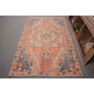 Tapis turc vintage 4.4x7 pieds Orange bleu Patchwork Design laine grande surface Rectangle zone pour adolescent motif abstrait Latex - Product Image 1