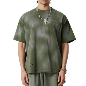 285GSM Heavyweight Men's Casual Oversized 100% Cotton T-Shirt Monkey Wash <b>Spray</b> Dyed Ripped Hole Hip Hop Pocket Streetwear <b>Style</b> - Product Image 1