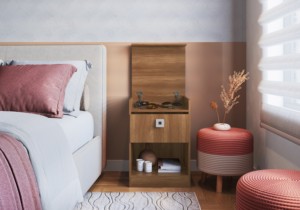 Table de chevet moderne avec 1 tiroir, mobilier de chambre à coucher en aggloméré couleur Nogal, design brésilien, montage facile - Product Image 6