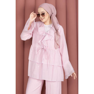 Conjunto de Kimono de Dos Piezas en Crepé Rosa Estilo Bohemio, Talla XS, con Cordones Delanteros y Mangas con Volantes para Primavera/Verano/Otoño - Product Image 2