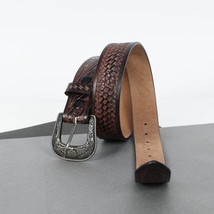 Dark Brown Embossed Leather Belt with <b>Basket</b> <b>Weave</b> and Floral Tooling Finished with Antique Engraved Silver Alloy Buckle - Product Image 3