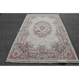 Tapis en laine turque écologique patchwork 5,9x8,9 pi (180x270 cm) beige avec support en latex, tapis vintage - Product Image 1