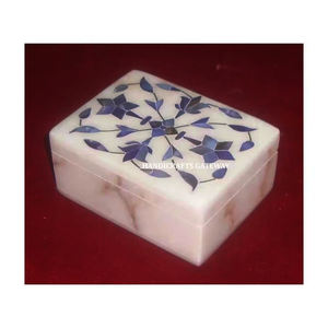 Caja de Almacenamiento de Joyas Rectangular de Mármol Blanco Hecha a Mano de la Mejor Calidad con Incrustaciones de Flores Azules para Regalos Corporativos - Product Image 1