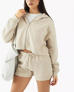 ชุดกางเกงขาสั้นลำลองสำหรับผู้หญิงมาใหม่ชุดกางเกงขาสั้นผ้าฝ้าย100% มีฮู้ดปรับแต่งโลโก้ได้สีล้วนแบบซิป - Product Image 3