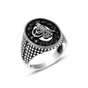 Anillo de hombre Beelo Silver de plata de ley 925 con ónix y tugra otomana, engaste de barra, patrón antiguo del Imperio Otomano, ¡el más vendido! - Product Image 6