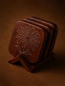 Handcrafted Wooden <b>Coasters</b> <b>Set</b> <b>With</b> <b>Holder</b> Eco Friendly Home Accessories for Dining Table Coffee Tea Beer Kitchen Bar - Product Image 5