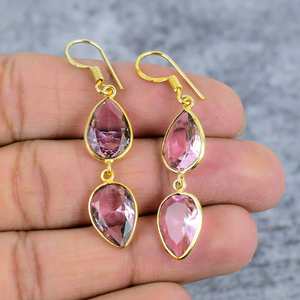 Pendientes Colgantes de Topacio Rosa en Forma de Gota, Plata de Ley 925 Chapada en Oro, Pendientes con Bisel, Regalo para Hermana, Regalo para Mamá - Product Image 1