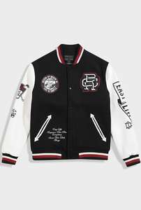 Veste universitaire noire de haute qualité à col en V avec fermeture à boutons et manches en cuir PU blanc contrasté pour hommes, veste unie teinte et enduite - Product Image 4