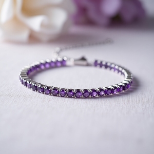 Pulsera clásica de tenis de amatista, oro sólido personalizado 10K 14K 18K platino joyería fina, regalo de lujo - Product Image 1