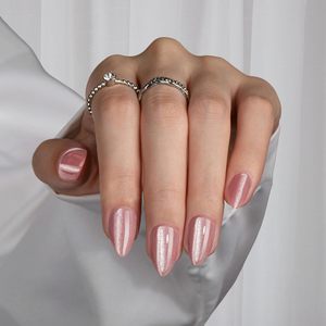 KQueenest medio mandorla unghie acriliche 30 pezzi occhio di gatto rosa chiaro Glitter Nude unghie finte rosa scintillante stampa su striscia di Gel per unghie - Product Image 2