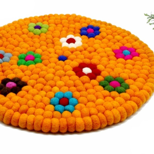 Orange Floral Chair <b>Pad</b> - Handmade <b>Felt</b> Rugs - Stitched Carpet - <b>Felt</b> Ball Seat <b>Pad</b> - Eco-friendly Small Rug - Product Image 1