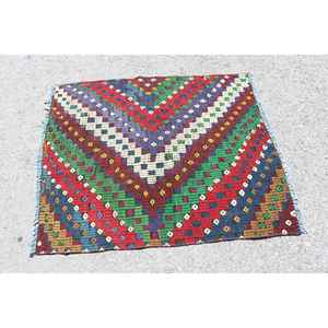 Alfombra Turca Vintage Pequeña de 3.2x3.9 pies, Alfombra de Lana Roja Kilim - Product Image 3