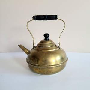 Vintage brass <b>kettle</b>/teapot with <b>wooden</b> handle 5.5 tall with handle down 7.5 wide - Product Image 4