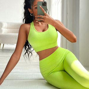 Ensemble de Yoga sans couture léger et respirant pour femmes vêtements de Fitness avec fermeture à la taille élastique vêtements d'entraînement à motif solide - Product Image 3