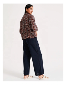 กางเกงขายาวผ้าทอพร้อมสายรัดเอวยางยืดกางเกงผ้าฝ้ายเอวสูงสีกรมท่าสำหรับผู้หญิง - Product Image 2