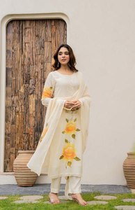 Summer Winter Party Comfort Georgette Silk Fabric Flower Printed Straight Cut Border <b>Kurti</b> & Pent Dupatta Set Wholesale - Product Image 4