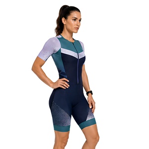 Combinaison de cyclisme pour femmes, manches courtes, fermeture éclair avant, séchage rapide, compression, extensible dans 4 directions, bleu marine, motif blanc - Product Image 4
