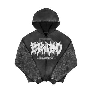 เสื้อฮู้ดซิปแบรนด์ Brando สำหรับผู้ชาย ทรงโอเวอร์ไซส์ สไตล์สตรีทแวร์ สีดำ พิมพ์โลโก้สีขาว แขนเสื้อแบบแร็กแลน เหมาะสำหรับใส่ในฤดูใบไม้ร่วง - Product Image 1