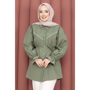 Khaki Lace-up Shirt <b>Fringe</b> Detail Poplin Cotton Khaki Women's <b>Tops</b> Ruffled Collar Button Casual Loose XS XL for Summer - Product Image 2