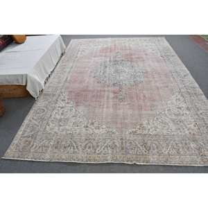 พรมขนสัตว์ตุรกีแบบวินเทจขนาดใหญ่7.5x10.8ฟุตสีชมพูงานปะต่อสีเบจสำหรับห้องนั่งเล่นห้องโถงยางที่ชอบ - Product Image 1