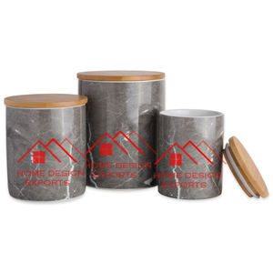 Ensemble de 3 boîtes cylindriques en marbre noir décoratives pour le stockage des aliments et des épices avec couvercle en bois hermétique - Product Image 1