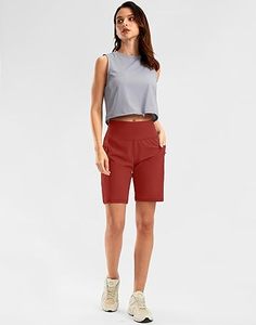 Pantalones Cortos Largos de entrenamiento para mujer Bermudas de cintura alta de 9 pulgadas con bolsillos con cremallera cómodos y transpirables para Fitness y gimnasio - Product Image 6