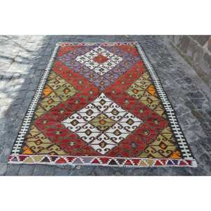 Tapis Kilim Turc Vintage 5.3 X 8.1ft Rouge Vert Patchwork Design Laine Latex pour Salon Couloir 9x12 Rectangle Jute Tapis - Product Image 1