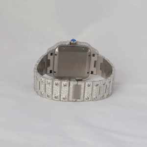 Montre de luxe classique avec cadran rouge personnalisé, entièrement sertie de diamants en moissanite, en acier inoxydable, avec cadran en verre, date, chiffres romains - Product Image 4