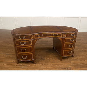 Mahogany Brown Leather Kidney Shaped Writing <b>Desk</b> with Dovetailed Drawers and File Storage 1-Year Warranty - Product Image 1