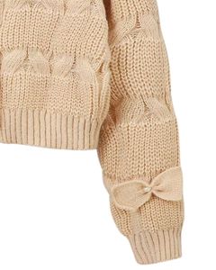 Customized Women Beige Cable Knit Cropped <b>Cardigan</b> Sweater With Bow Detail <b>Long</b> Sleeve Button Front Cute Winter Fashion Top - Product Image 5