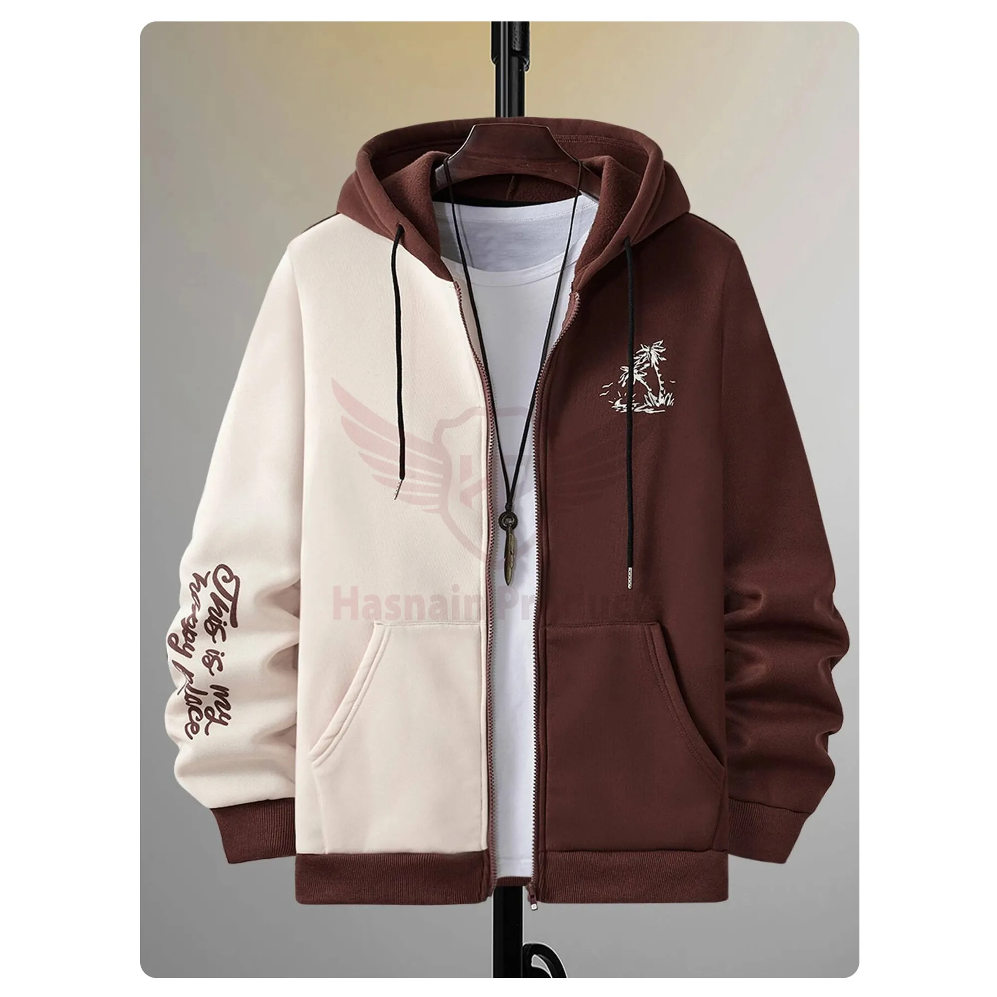 Men Two Tone Letter & Tropical Print Colorblock Zip Up Thermal Hoodie Without Tee Multicolor Casual Wear Drawstring