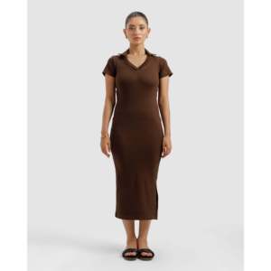 เดรสโปโลสีน้ำตาลลายริบบิ้นสำหรับผู้หญิง ดีไซน์หรูหรา ยาวคลุมเท้า เอวธรรมชาติ ระบายอากาศได้ดี ผ้าผสมแบบโปร่ง ไซส์พลัส ฟรีไซส์ XL - Product Image 5