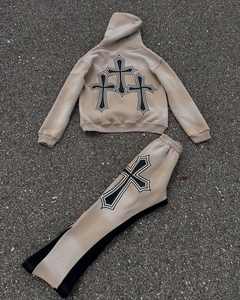 Custom Applique Distressed <b>Patch</b> Embroidered Acid Washed Crop Hoodie Set Flared Stacked Tracksuit Sweatsuit Men - Product Image 4