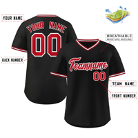 Jersey Baseball V-Neck Hitam Merah Kustom Seragam Tim Bahan Polyester Penyerap Keringat Jersey Olahraga Atletik Produsen OEM ODM
