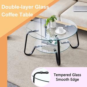 Table basse double étagère de style industriel moderne, écologique, avec plateau en verre trempé et structure en fer noir, pour salon - Product Image 5