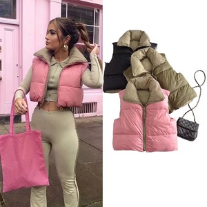 Hot Sale Winter Lady Puffer Vest Plus Size Cropped Windbreaker Contrast Sleeves <b>Quilted</b> Plain Dyed Woman's Fashion Jackets - Product Image 3