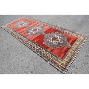 Turkish Large Rug 4.9x11.5 ft, <b>Red</b> Gray Polka dot Rug <b>Wool</b> - Product Image 2