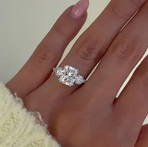 925 Silver 3.10CT <b>Cushion</b> Cut VVS1 Moissanite 3 Stone <b>Ring</b> for Women - Product Image 2