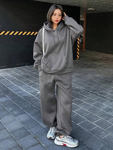 Sweat à capuche à cordon de serrage 2 pièces pour femmes avec pantalon, tenue décontractée, doublé thermique, automne hiver - Product Image 2