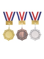 Médaille en métal personnalisable (or, argent, cuivre, cristal) pour compétition sportive, avec ruban, taille et logo personnalisables, finition polie