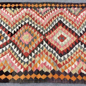 3.2x8 ft Vintage Kilim Turkish Rug <b>Red</b> Polka Dot Patchwork <b>Wool</b> Eco-Friendly Rug with Latex Backing - Product Image 3