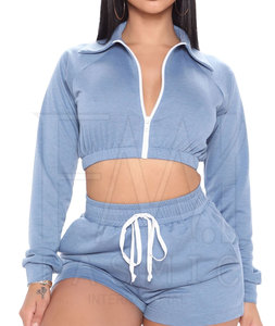 New Style Solid Color Casual Women Hoodies Short <b>Sets</b> Customize Design Wholesale 100% Cotton Windproof Breathable Two Piece <b>Set</b> - Product Image 1