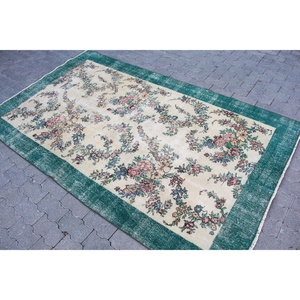 Tapis turc vintage 4,8x7,9 pieds, tapis en laine abstrait vert et blanc - Product Image 2
