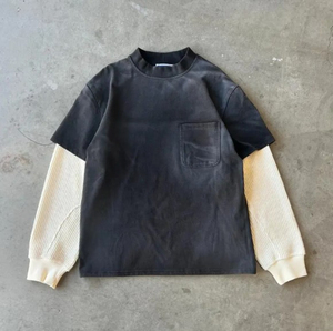 เสื้อถักวาฟเฟิลวินเทจแบบกำหนดเองเสื้อยืดผ้าฝ้าย100% สองชั้นแขนยาวสต็อกสไตล์วินเทจซักแบบลำลอง - Product Image 2