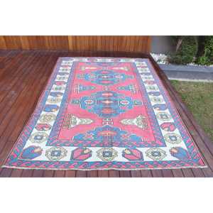 6.1x9.4 ft Vintage Rug, Turkish Rug, <b>Red</b> Floral <b>Wool</b> Rug - Product Image 1