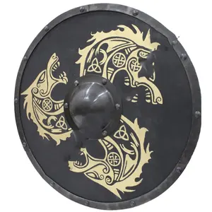 מגן ויקינג טהור בעבודת יד להגנה והגנה עשוי מעץ שחור עם גביע שחור