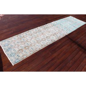 พรมตุรกีวินเทจขนาด 2.8x10.9 ฟุต, พรมปูพื้น, พรมขนสัตว์สีน้ำเงิน - Product Image 2