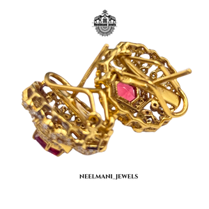Boucles d'oreilles clous vintage religieuses Stone A.D. en acier inoxydable géométrique avec opale, zircon, rubis et perle sertis clos pour les fêtes - Product Image 1
