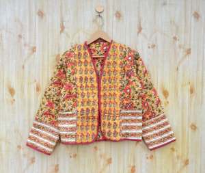 Chaqueta de estilo Kimono acolchado Reversible con estampado de bloque de mano indio para mujer, prendas de vestir exteriores informales de algodón para todas las estaciones - Product Image 1