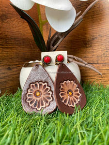 Hand Tooled Leather <b>Stud</b> <b>Earrings</b> Custom Genuine Leather Boho <b>Earrings</b> High Quality Hand Painted Western Women Handmade Jewelry - Product Image 4